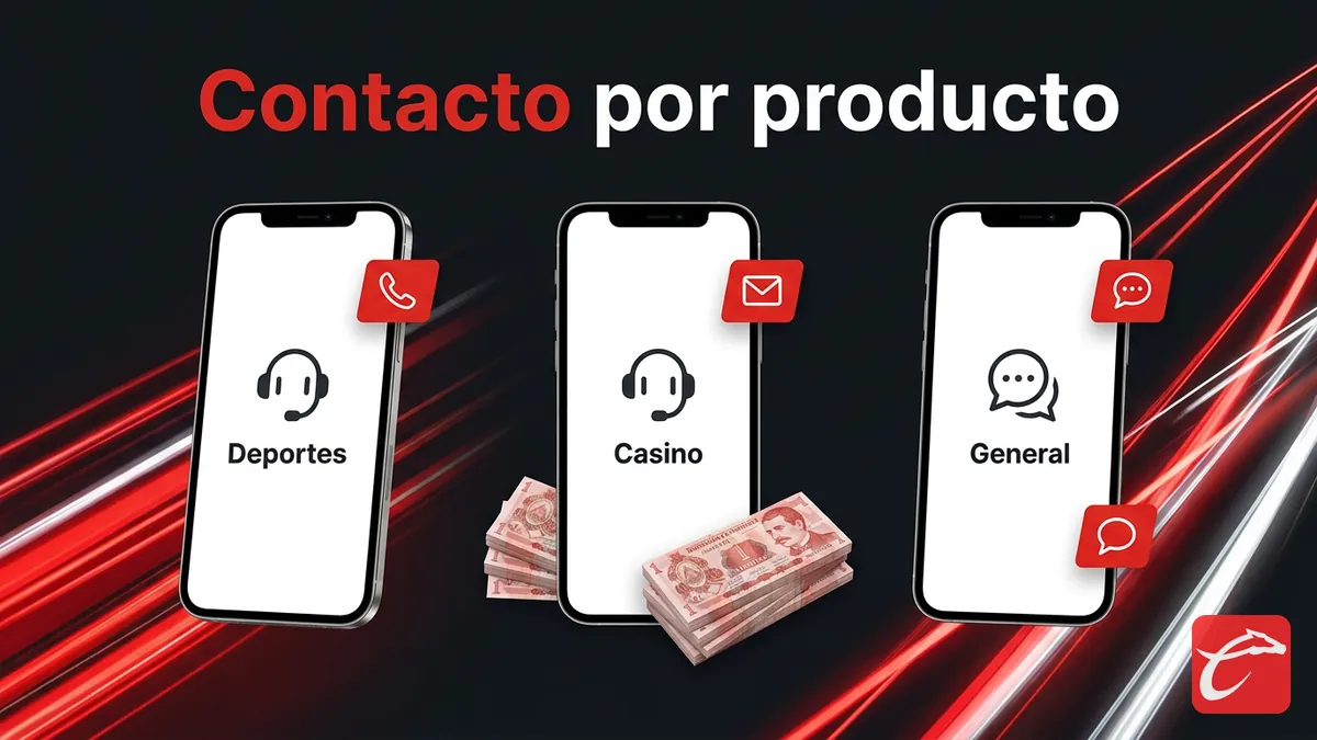 Tres canales de contacto de Caliente segun el producto: deportes, casino y general, con billetes de lempiras