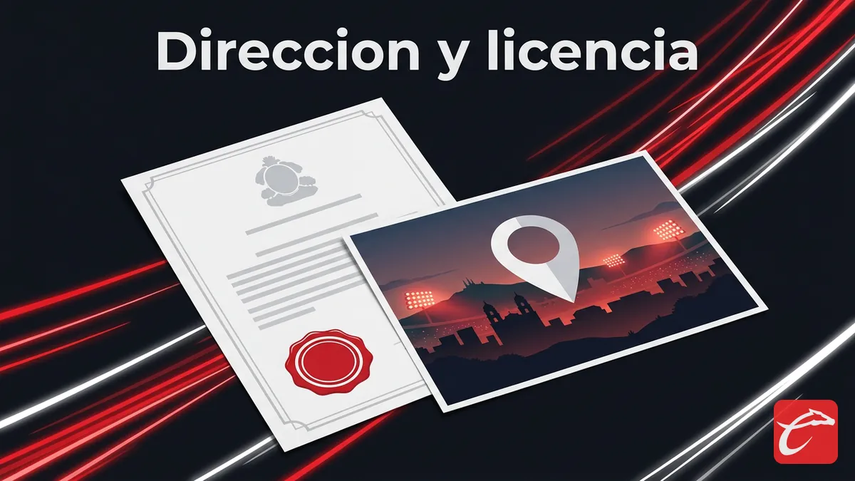Direccion legal y licencia del operador de Caliente, representada con un sello generico y silueta de ciudad