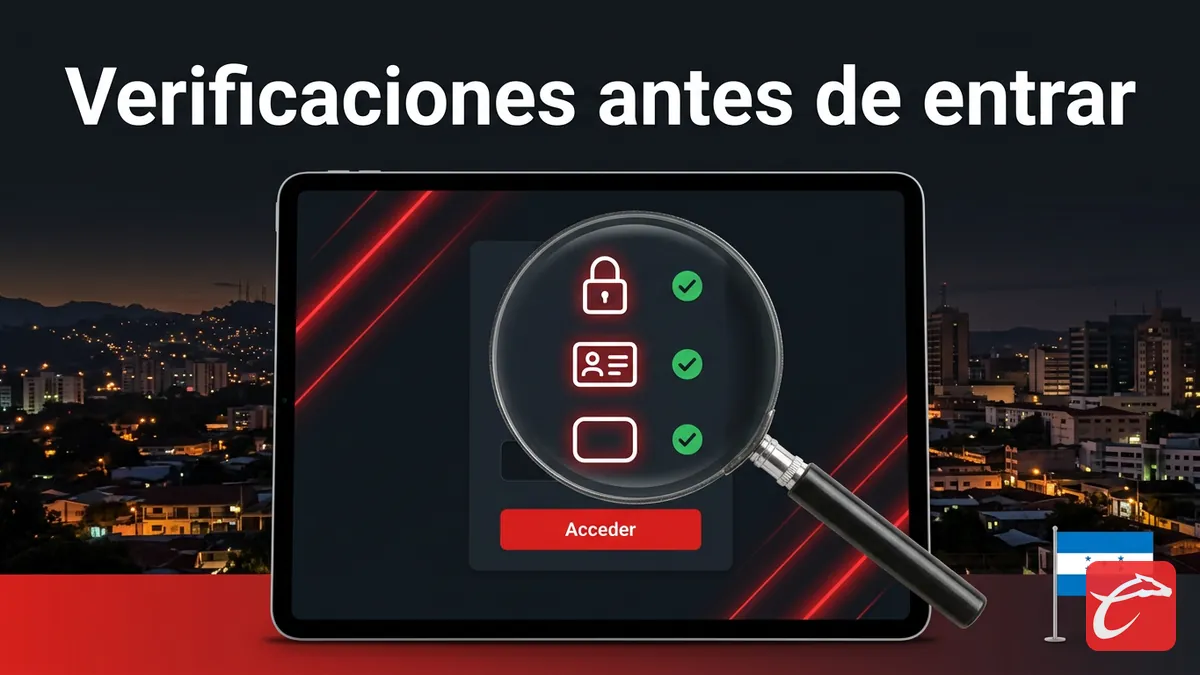 Lupa revisando tres puntos de verificacion antes de iniciar sesion en Caliente, con silueta de ciudad hondureña